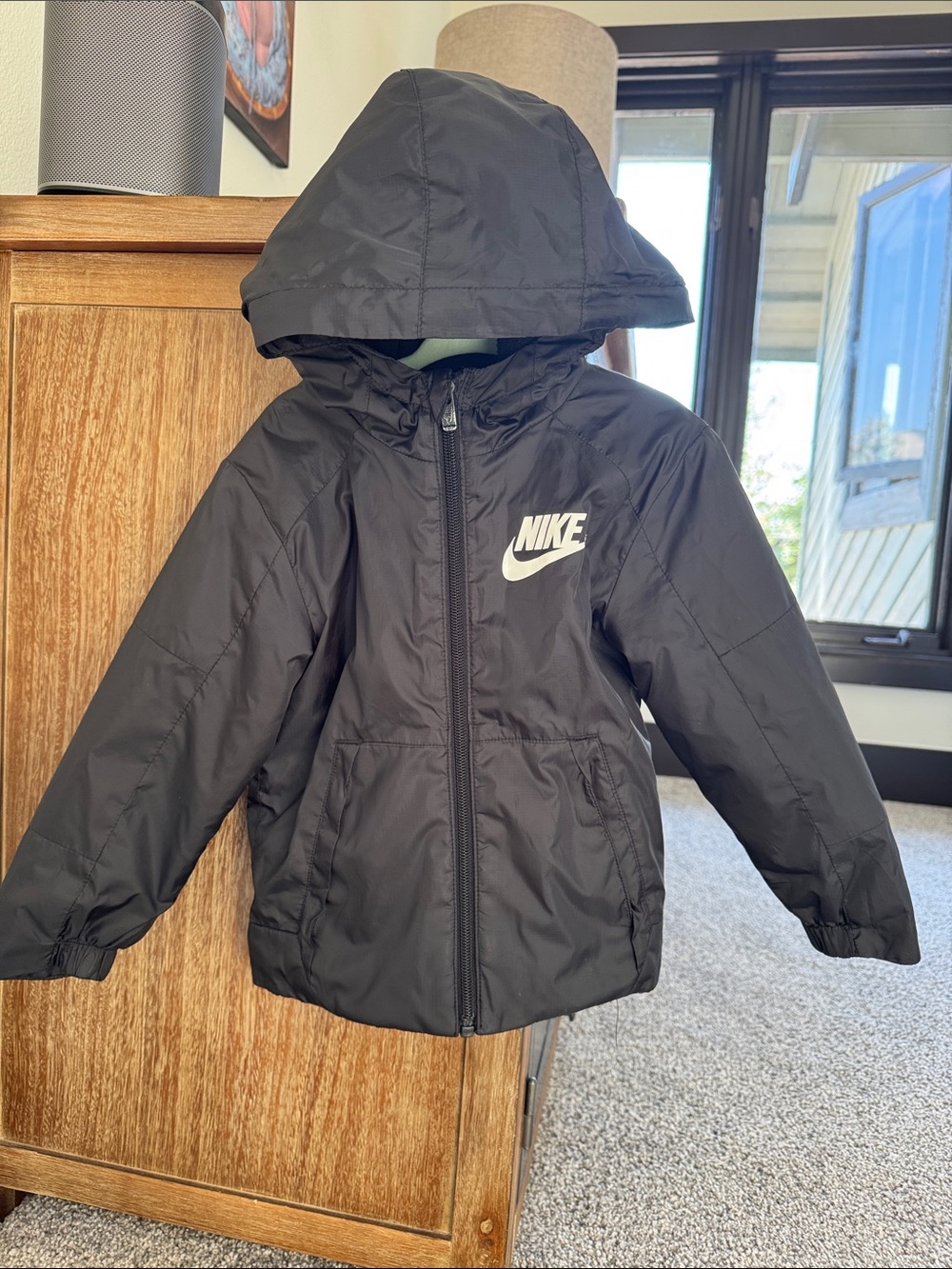 Nike Kids Black Hooded Rain Jacket with Logo